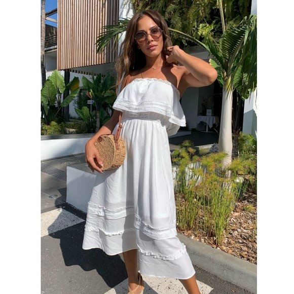 White Strapless Frill Detail Midi Dress - Picture 2 of 11